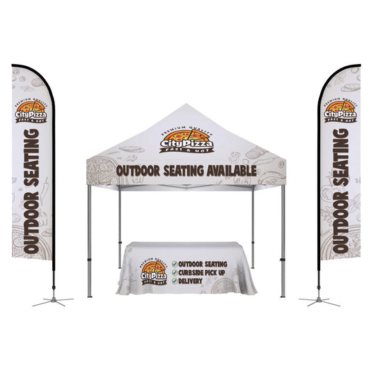 ONE CHOICE® Kit 1: 10ft Canopy Tent, two 14ft Feather Flag, and 6ft Table Throw - Ultimate Trade Show Bundle