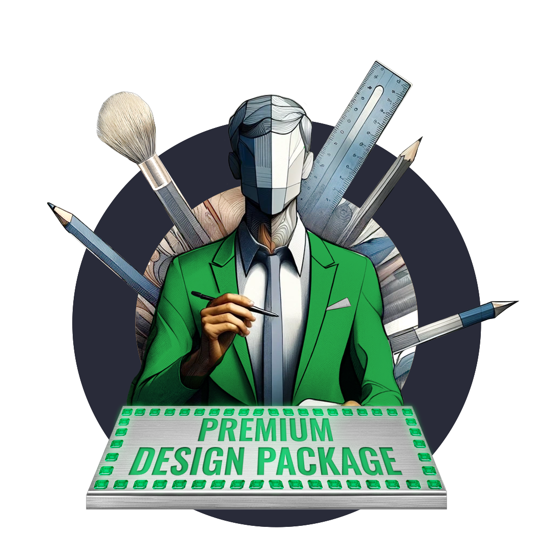 A stylized graphic of a figure in a green suit holding a pen, surrounded by design tools like a ruler, brush, and pencil. The text "Premium Design Package" highlights a high-quality design service offering