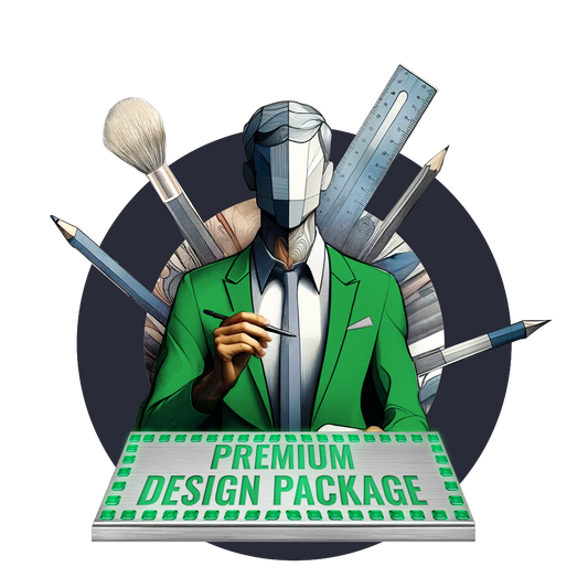 A stylized graphic of a figure in a green suit holding a pen, surrounded by design tools like a ruler, brush, and pencil. The text "Premium Design Package" highlights a high-quality design service offering