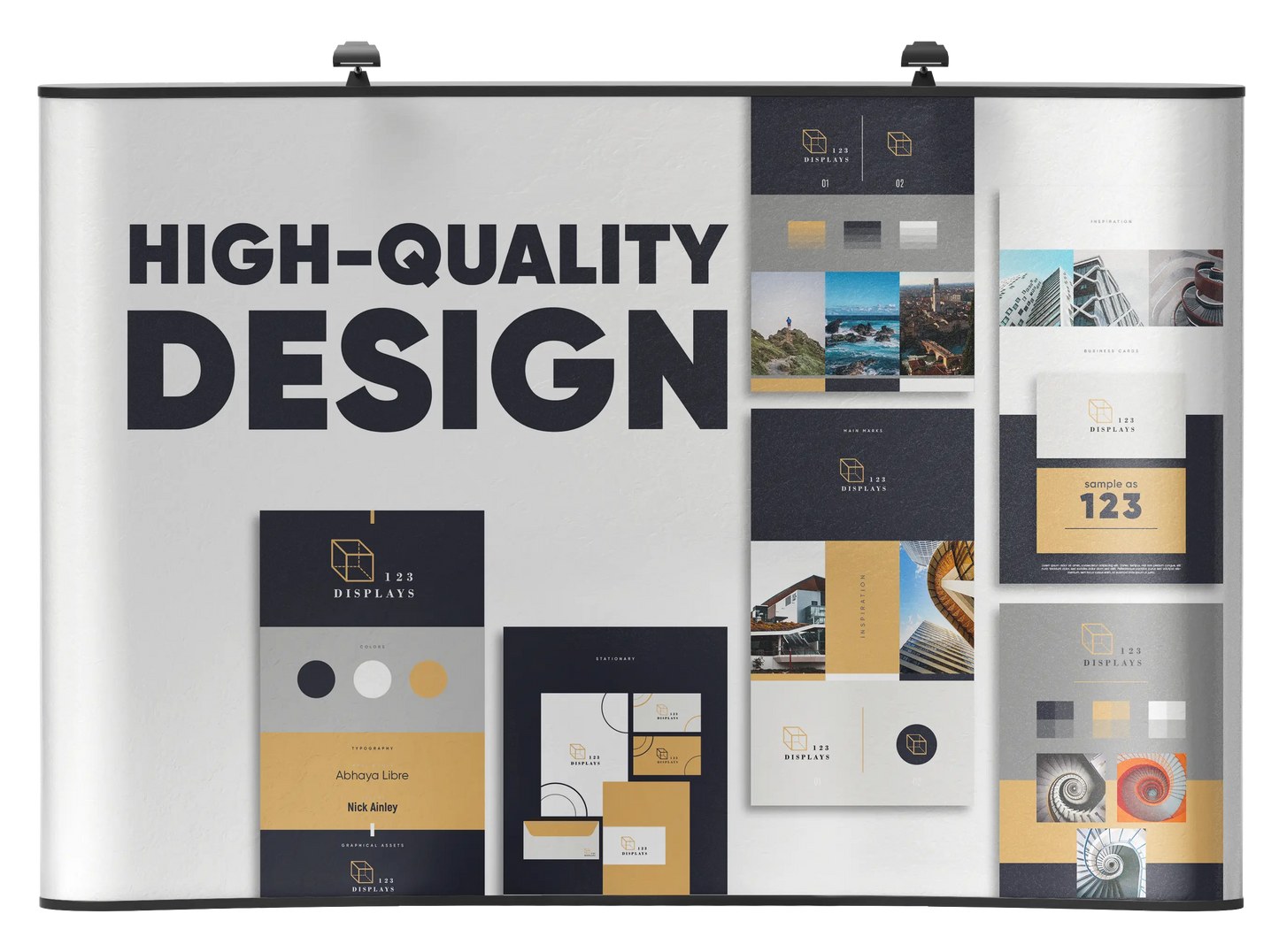 display promoting "High-Quality Design" with various branding materials and designs from 123 Displays. The visuals include logo mockups, stationery, and color schemes, highlighting a professional design service