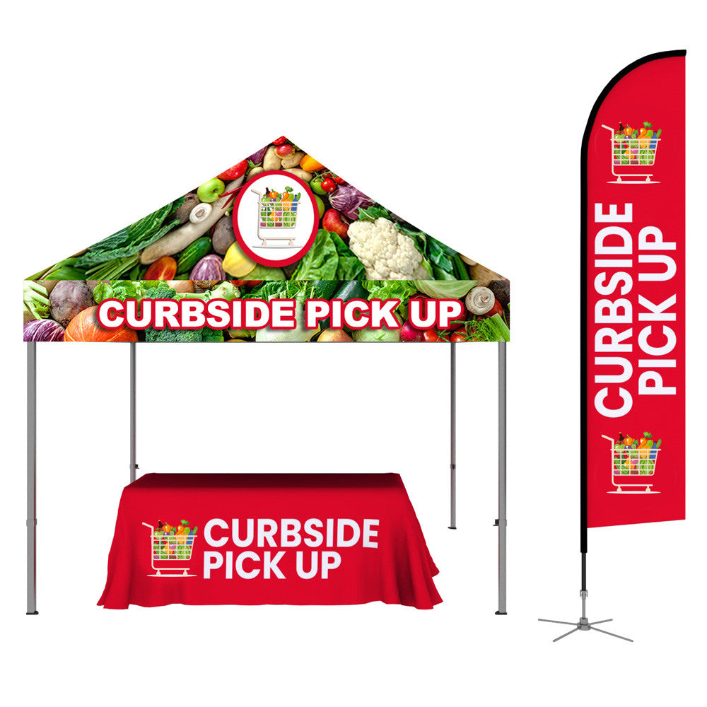 ONE CHOICE® Kit 2: 10ft Canopy Tent, 14ft Feather Flag, and 6ft Table Throw - Complete Event Display Solution